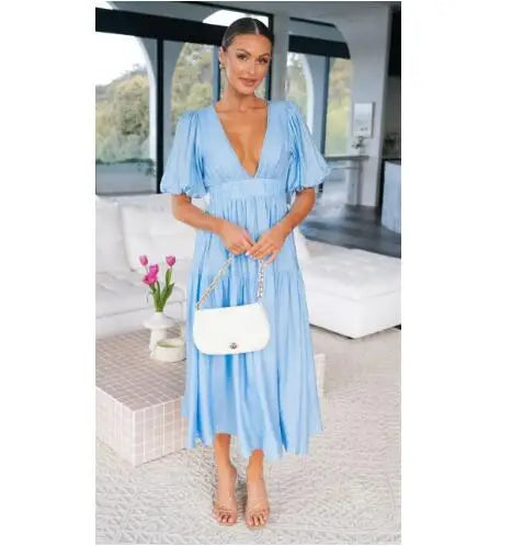 Women 2024 Puff Sleeve Deep V Neck Long Dresses Summer for Woman Sexy Green Women's Dress Summer Royal Blue