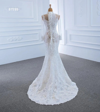 Feishiluo Newly Designed Mermaid Wedding Dress Ivory Bead Lace & Long Embroidered Appliqued Pearls Sleeveless for Women