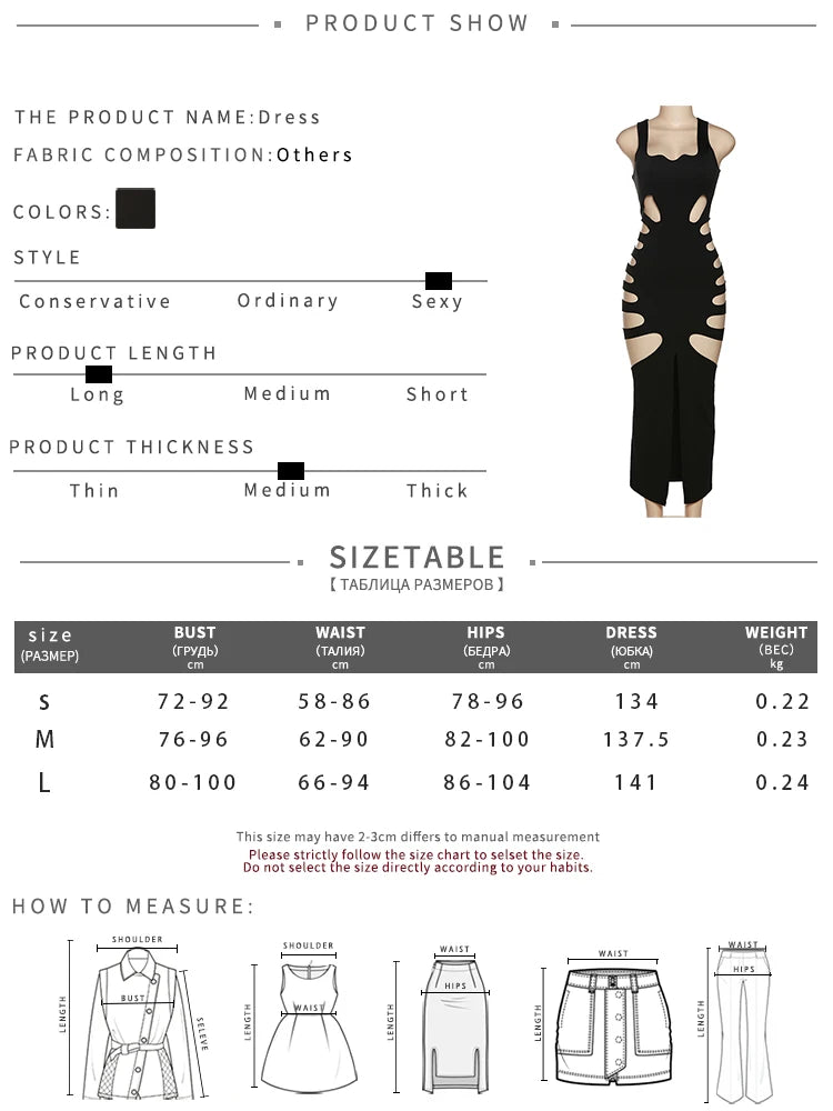 Sexy Black Slim Party Dress Side Split Skinny Hollow Out Dress Elegant Women Casual Dresses
