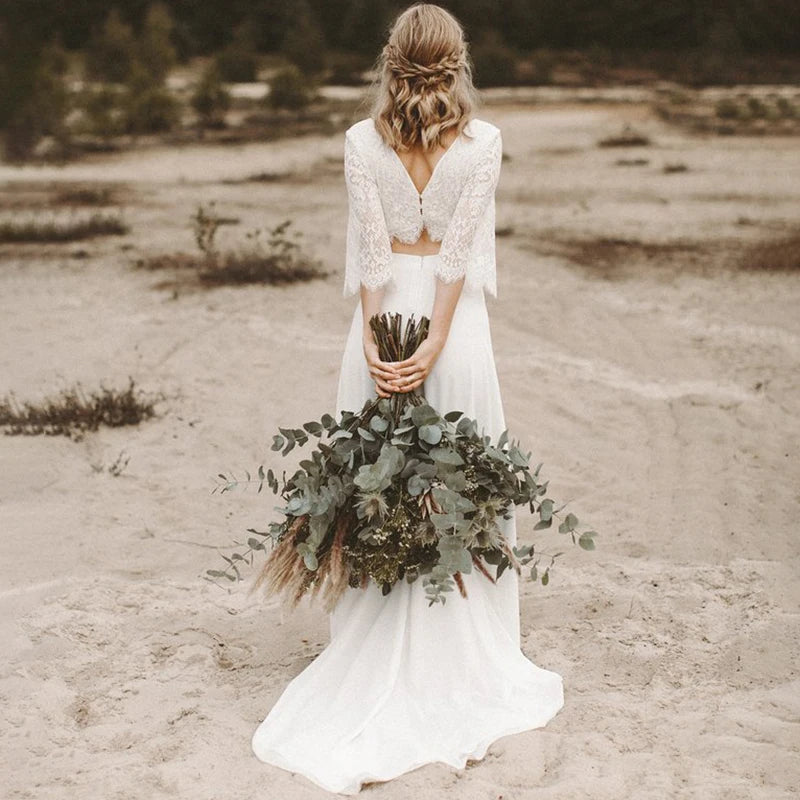 13479#Elegant V Neck Beach Bohemian Vestido De Novia Half Sleeves Outdoor Two Piece Chiffon Boho Lace Wedding Dress Bride Gown