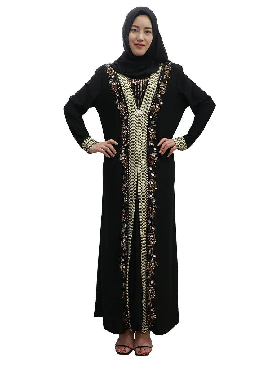 Wholesale Women Fashion Long Sleeve Pretty Diamond Muslim Islamic Dresses Cardigan Black Abaya (no Hat) Long Robe Dress