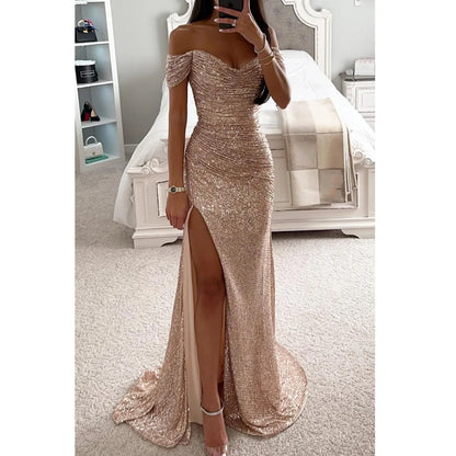 Women's Gold Mermaid Sequined Evening Party Dress Bling Prom Gown Off Shoulder Formal Wear for Summer Seasons Long Dress