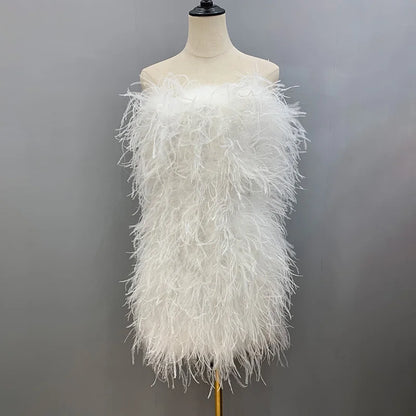 Long Pink Wrap Feather Fur Dress Party Ostrich Feather Dress for Ladies