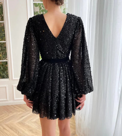 Luxury Shimmering Sequined Long Puffy Sleeves Mini Wedding Gown Birthday Party Dress for Plus Size Women Prom Evening Dress
