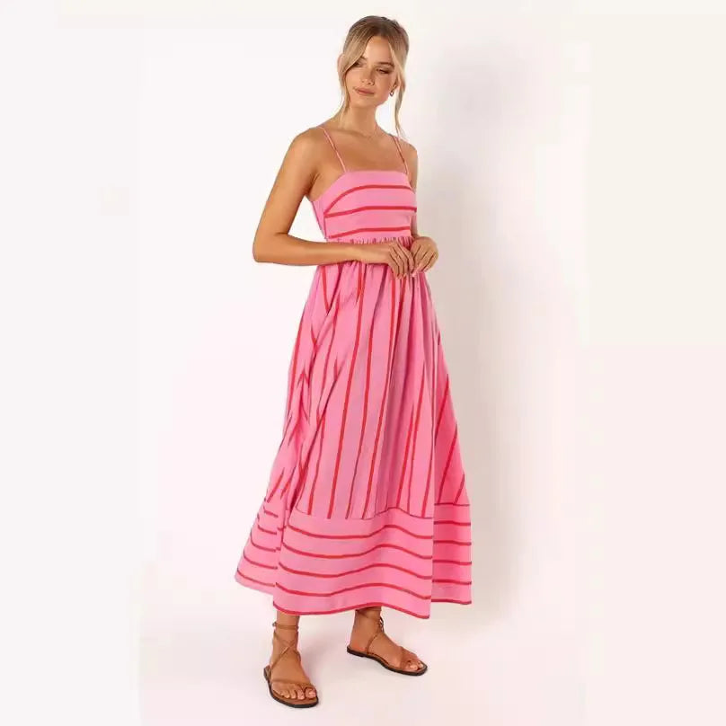 Enyami S-XL Summer Beach Holiday Boho Elegant Striped Sexy Back Design Long Sleeveless A-line Vacation Maxi Slip Women Dress