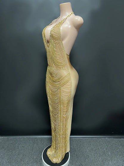 Novance Y2699-Lc Maxi Plus Size Custom Dresses Manufacturing Golden Evening Dress Rhinestone Dress With Mesh for Birthday Party