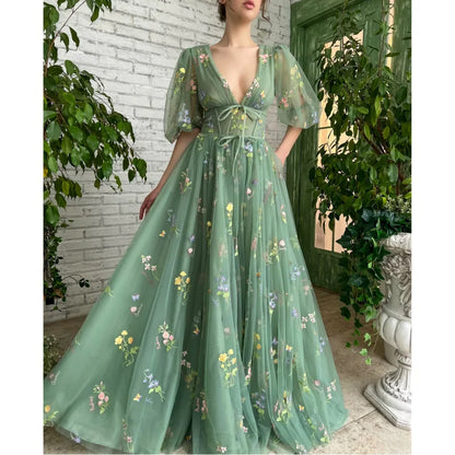 Custom Pastrol V-neck Puffy Sleeve Appliques A-line Wedding Gown Birthday Party Dress for Plus Size Women Prom Evening Dresses