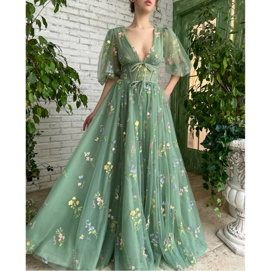 Custom Pastrol V-neck Puffy Sleeve Appliques A-line Wedding Gown Birthday Party Dress for Plus Size Women Prom Evening Dresses