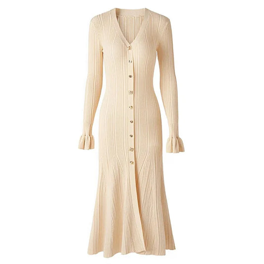 Women's Casual Elegant V-Neck Knitted Maxi Skirt for Winter Autumn Flared Fishtail Dress with Solid Pencil Washable