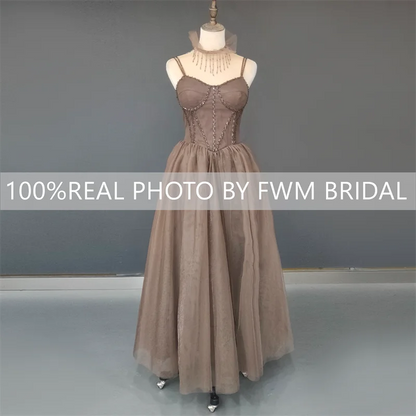 Real Photos Spaghetti Straps Lace Wedding Party Dress Exquisite   Beading Bridal Gown With Necklace Evening Prom Dress 15391