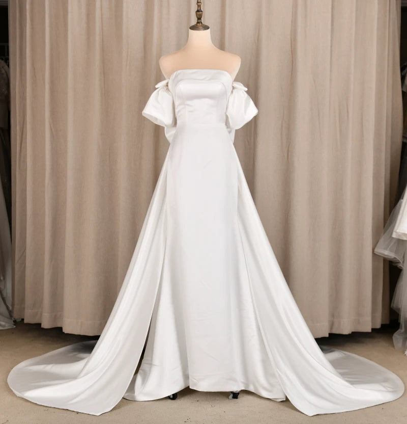 Real Photos Simple Bow Corset Back Strapless Wedding Dress Short Sleeve Satin A-Line Bridal Gown for Wedding Dress Bridal Gown