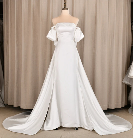 Real Photos Simple Bow Corset Back Strapless Wedding Dress Short Sleeve Satin A-Line Bridal Gown for Wedding Dress Bridal Gown