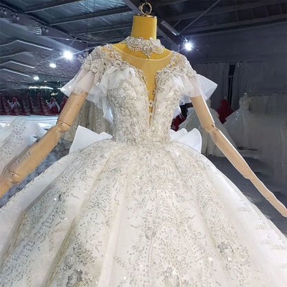 Jancember Htl2267  Bride Elegant and Delicate Lace Diamond Beaded Long Tail Wedding Dress