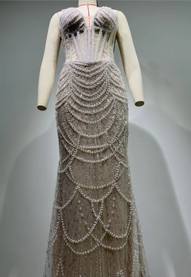 ED2638 Women Party Dresses Long Evening Elegant Lace Fabric Shiny Dress Luxury Women Dress Pearl Sequins