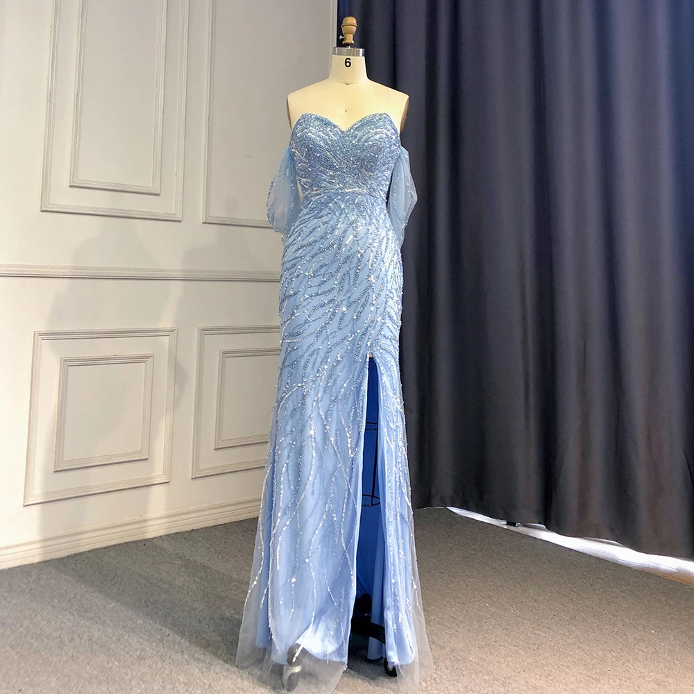 Feishiluo  Luxury  Mermaid Evening Dress  Off-shoulder Handmade Beaded Prom Dress With Removable  Train