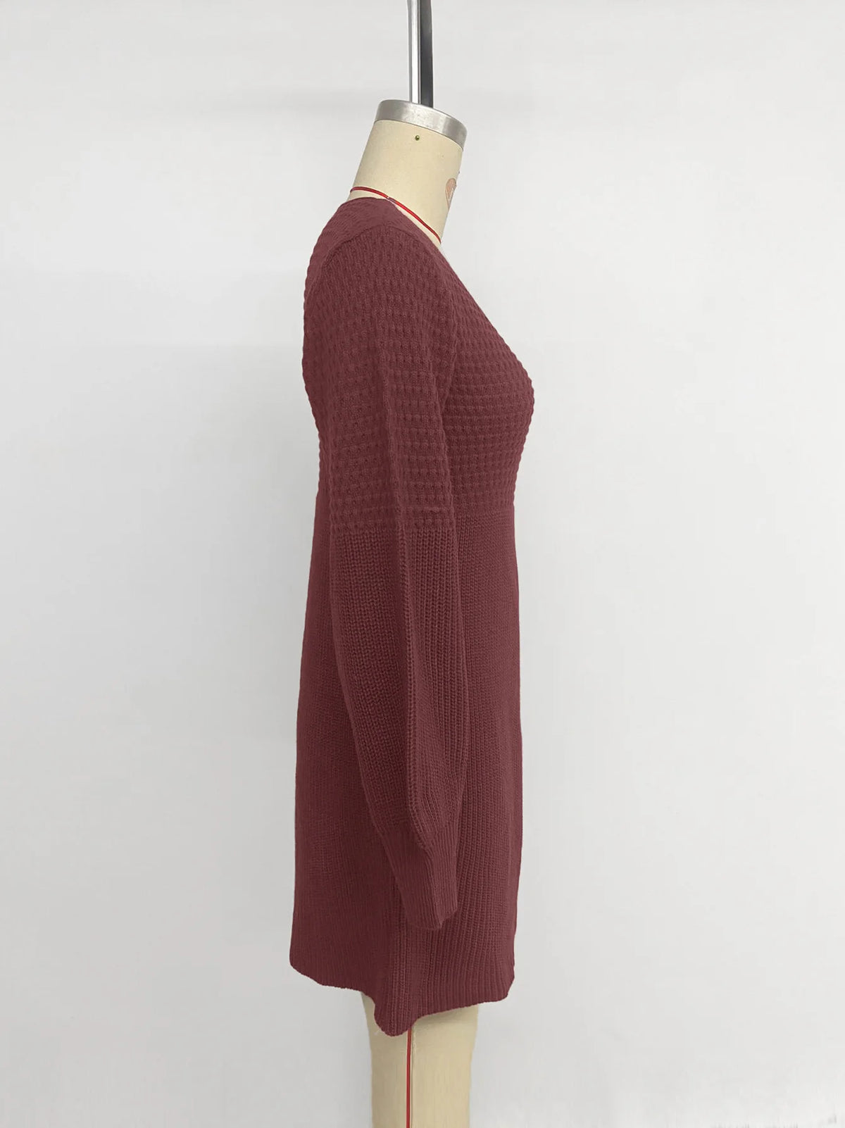 Hot Sale European American Style Autumn Winter Casual Dating V-neck Puff Sleeve Solid Color Sweater Dress