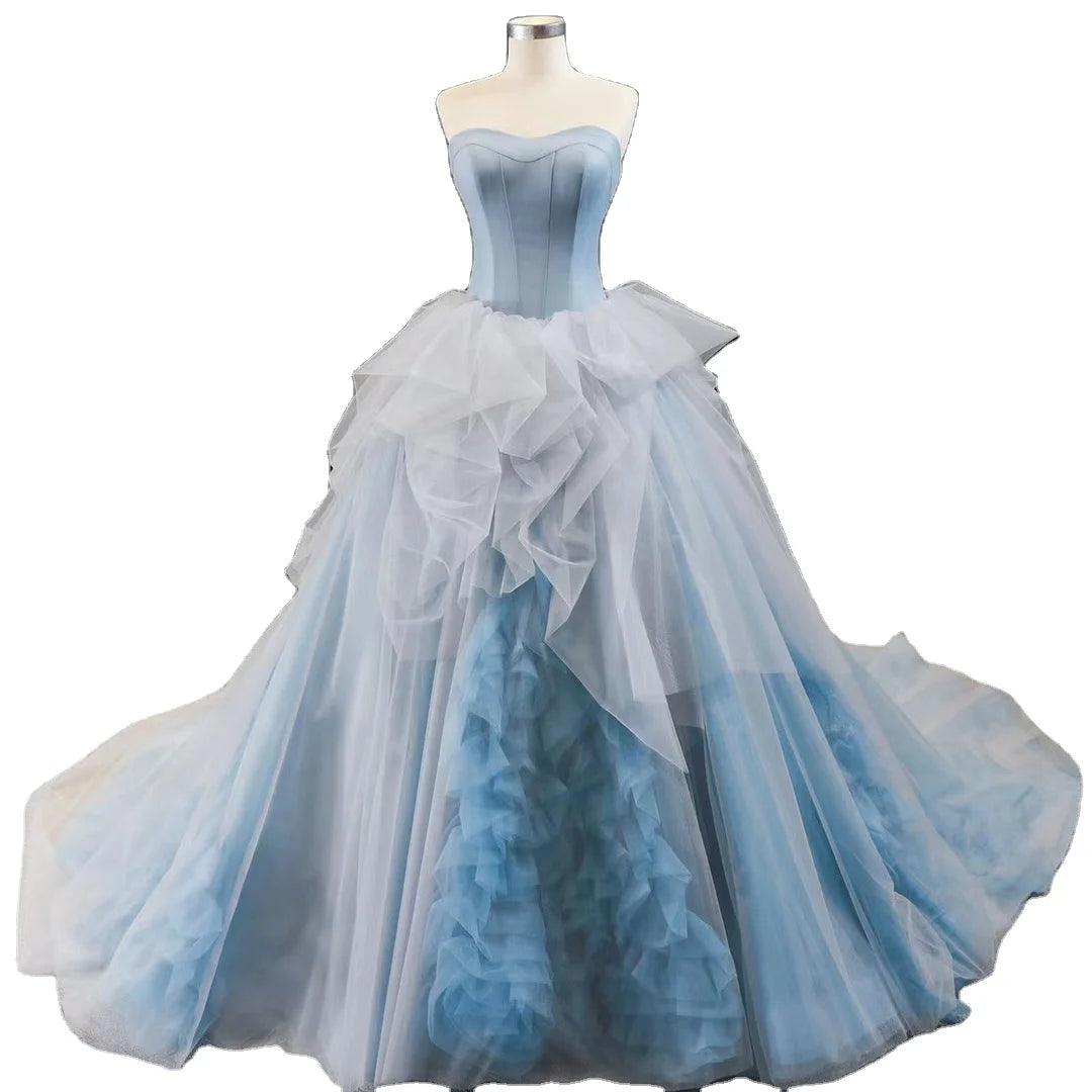 Feishiluo A-Line Ball Gown Wedding Dress Wholesale Blue Party Dress Lace Appliques Embroidery Modern Floral Print Plus Size