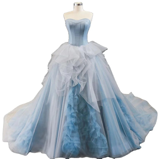Feishiluo A-Line Ball Gown Wedding Dress Wholesale Blue Party Dress Lace Appliques Embroidery Modern Floral Print Plus Size