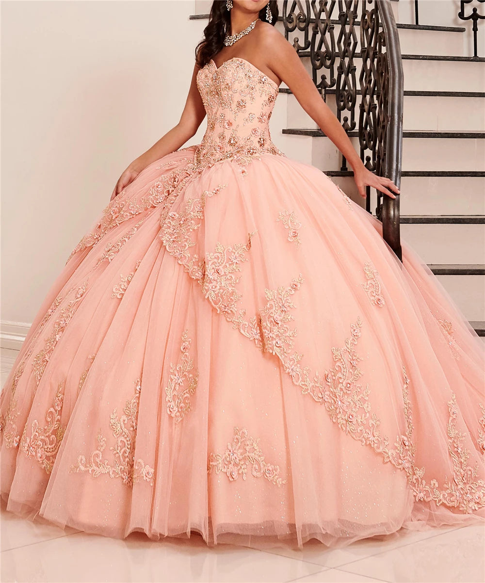 QD1519 Quinceanera Dresses Ball Gown Flowers Tulle Appliques Crystals Court Train Vestido De 15 Anos Lace-Up Sweet 16 Dress