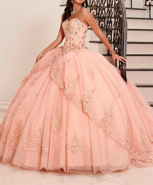 QD1519 Quinceanera Dresses Ball Gown Flowers Tulle Appliques Crystals Court Train Vestido De 15 Anos Lace-Up Sweet 16 Dress