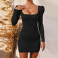 Square Neck Long Sleeve Bodycon Dress Women Sexy Autumn Winter Black Short Wrap Ruched Basic Party Red Mini Dresses