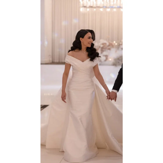 Simple Off the Shoulder Ruched Sweep Train Mermaid Wedding Dress for Woman Women Satin Bridal Gown Prom Evening Dresses 15112