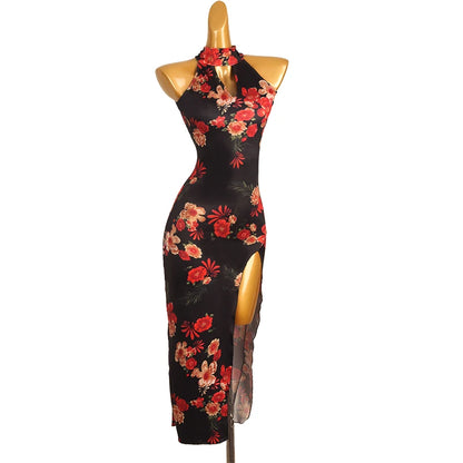 New Split Skirt Latin Dance Party Chiffon Dress V-neck Natural Waistline Breathable Floor-Length