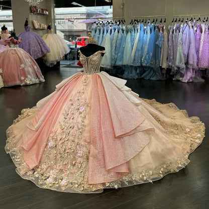 Mumuleo Classic Style Quinceanera Dress Champagne Pink Ball Gown Floral Lace Appliqued Plus Size Multi Colors Crystal
