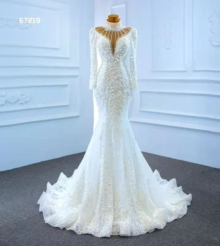 Jancember RSM67219 Luxury White Long Sleeve Mermaid Wedding Dress Bridal Gowns