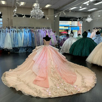 Mumuleo Classic Style Quinceanera Dress Champagne Pink Ball Gown Floral Lace Appliqued Plus Size Multi Colors Crystal