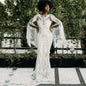 4515# Sexy Long Flare Sleeve Mermaid Wedding Dress 2022 Illusion Tulle V-Neck Appliques Bridal Gown Lace Backless Sweep Train