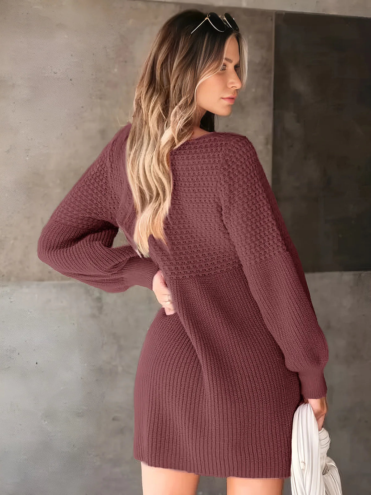 Hot Sale European American Style Autumn Winter Casual Dating V-neck Puff Sleeve Solid Color Sweater Dress