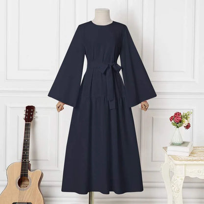 High Quality O-Neck Long Sleeved Abaya Breathable Traditional Solid Islamic Polyester Kaftan Dress for Muslims Thawb Style