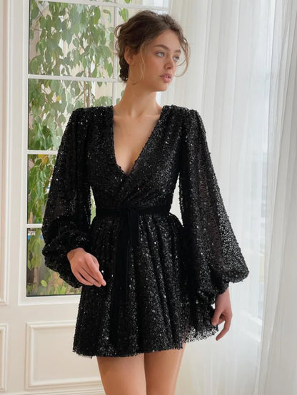 Luxury Shimmering Sequined Long Puffy Sleeves Mini Wedding Gown Birthday Party Dress for Plus Size Women Prom Evening Dress
