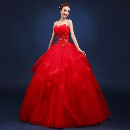 2022 Latest Strapless Red Champagne Blue Green and Ivory Beaded Flower Embellished Plus Size Puffy Wedding Evening Party Dress