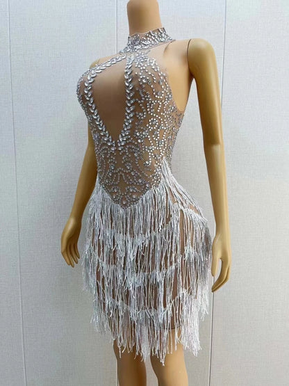 Elegant Rhinestone Tassel Short Birthday Prom Dress Lady Dancer Costume Formal Party Evening Dresses Women Night Club Dress