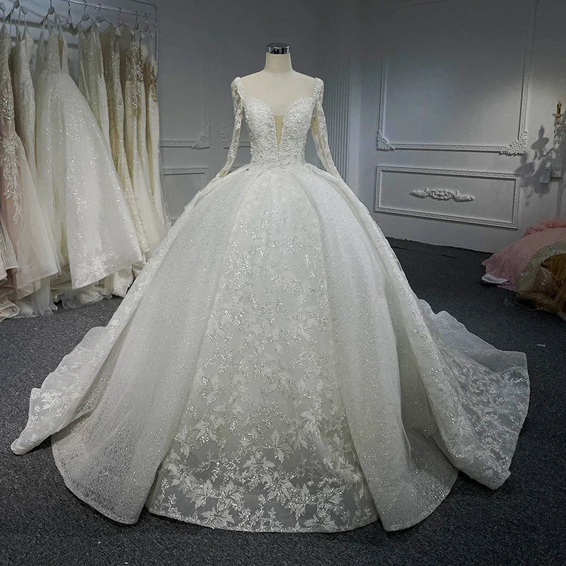 Jancember LSB062 Exquisite V-neck Long Sleeves Lace up Ball Wedding Dress 2023