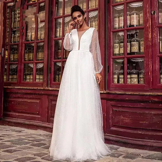 13019#Simple V-Neck Elegant A-Line Puff Long Sleeves Wedding Dress Dot Mesh Sexy Backless Floor Length Bridal Gown