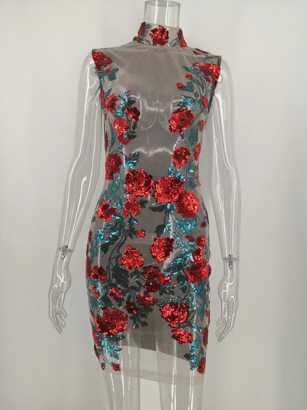 Trendy Women's Midi Bodycon Dress Floral Sequin Lace Sexy Night Club Summer See-Through Transparent Mesh Natural Washable