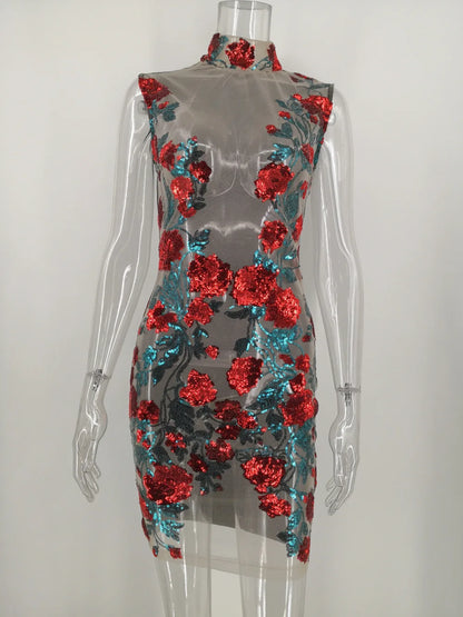 Trendy Women's Midi Bodycon Dress Floral Sequin Lace Sexy Night Club Summer See-Through Transparent Mesh Natural Washable