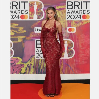 2024 New Floral Embroidery V-neck Halter Dress Slim Mesh Red Long Women Dress Evening Gown