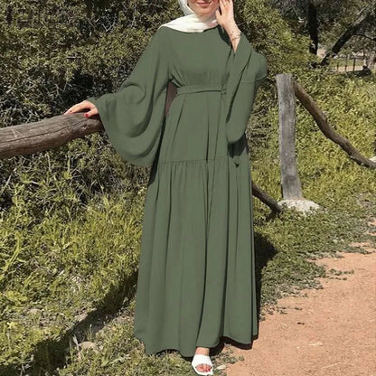 High Quality O-Neck Long Sleeved Abaya Breathable Traditional Solid Islamic Polyester Kaftan Dress for Muslims Thawb Style