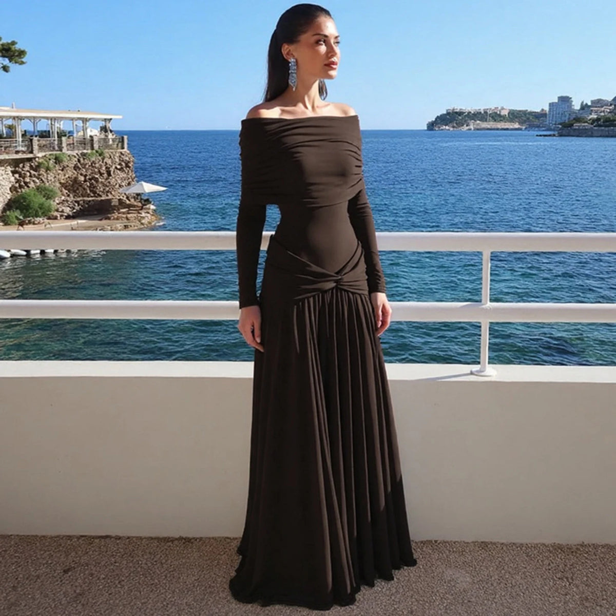 Elegant Casual Solid Color Eco-Friendly Breathable Washable Plain Dyed Maxi Loose Natural Waist Autumn Dress Shoulder Long