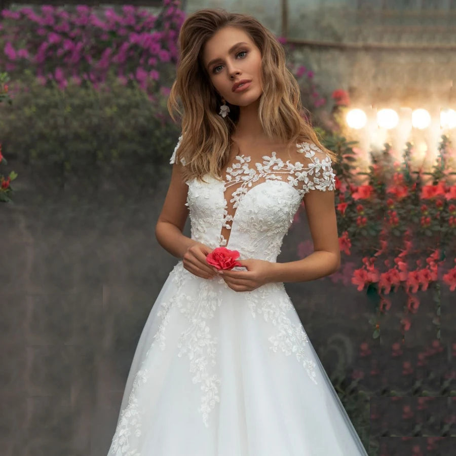 FA198 Elegant Wedding Dress Short Sleeves Wedding Gowns Tulle Applique White Bride Dress Vestido De Noiva Sweep Train