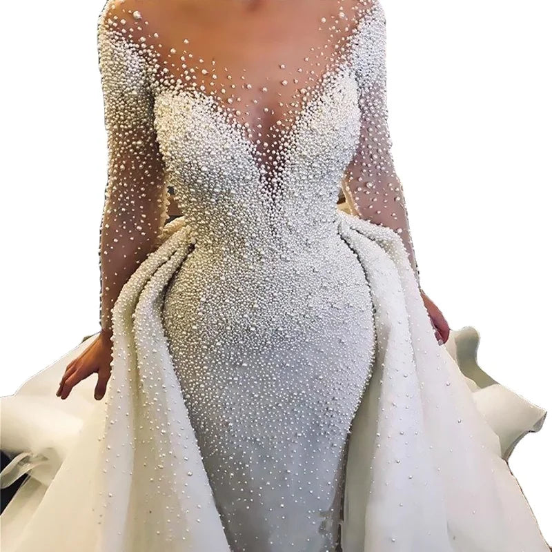 2022 Beaded Long Sleeve Detachable Tail Wedding Dress Dubai Bridal Gowns with Detachable Skirt for Brides