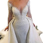 2022 Beaded Long Sleeve Detachable Tail Wedding Dress Dubai Bridal Gowns with Detachable Skirt for Brides