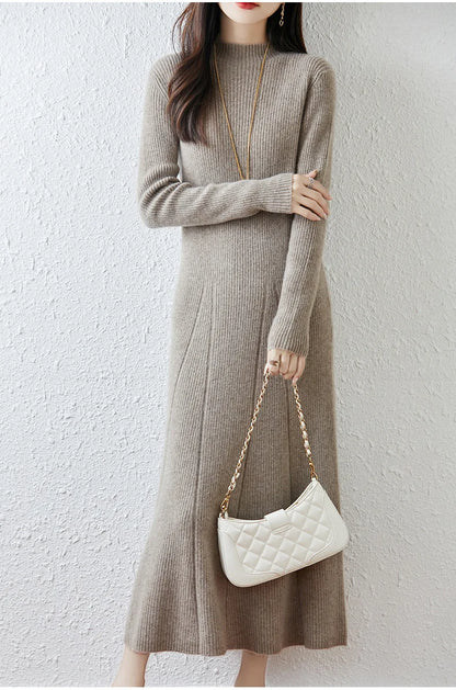 Autumn and Winter Women's Mid Length Knee Length Sweater Dress Semi High Collar Bottom A-line Knitted Dress