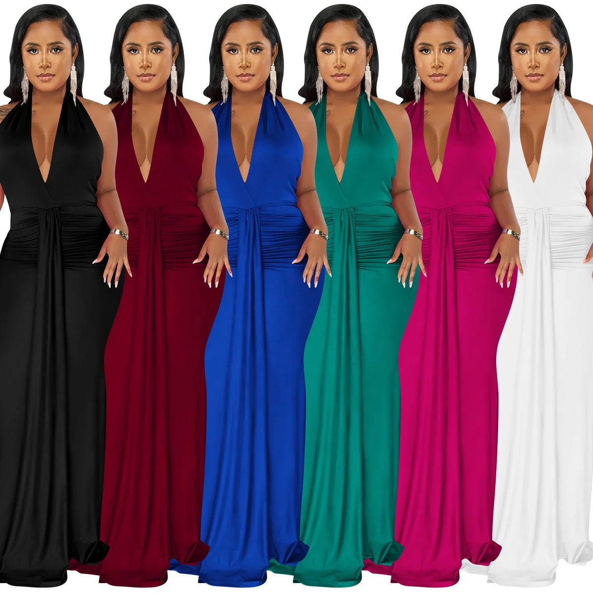 Women Sexy Satin Halter Deep V Neck Long High Split Dress Elegant Irregular Bodycon Sleeveless Evening Prom Floor Length Dress