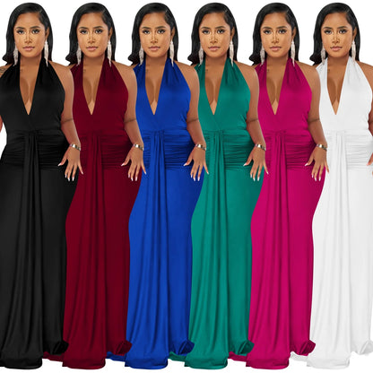 Women Sexy Satin Halter Deep V Neck Long High Split Dress Elegant Irregular Bodycon Sleeveless Evening Prom Floor Length Dress