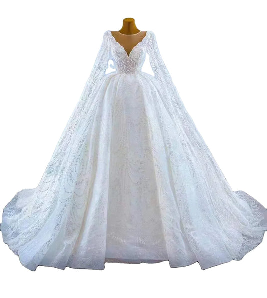 Feishiluo Luxury Wedding Dress O-Neck Ball Gown Long Sleeves Chapel Train Embroidery Appliques Floral Print Beaded Lace Crystals